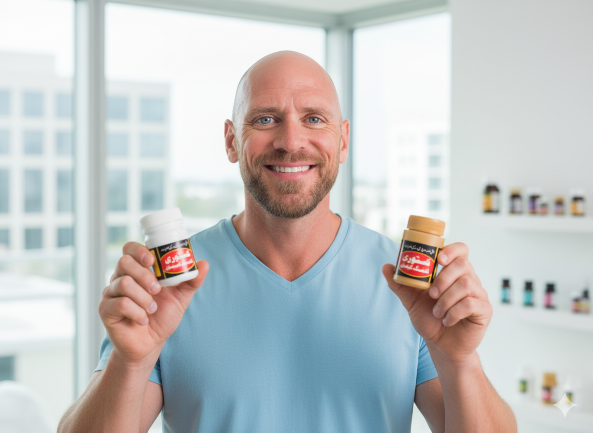 man holding herbal enery capsules